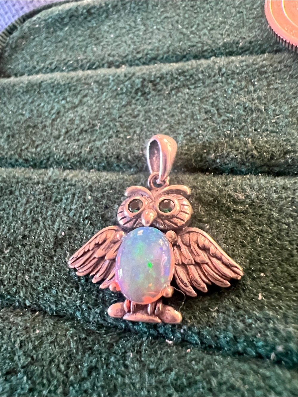 Opal Owl Pendant - Sterling Silver Look with Opalescent Stone